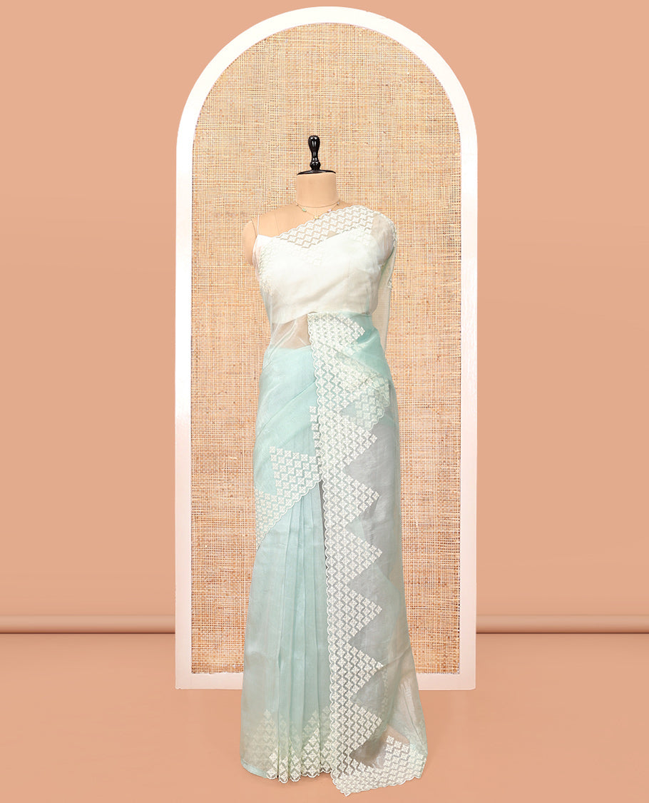Pale Blue Plain Organza Saree, Highlighted by Scallop Embroidery Border, and Matching Blouse