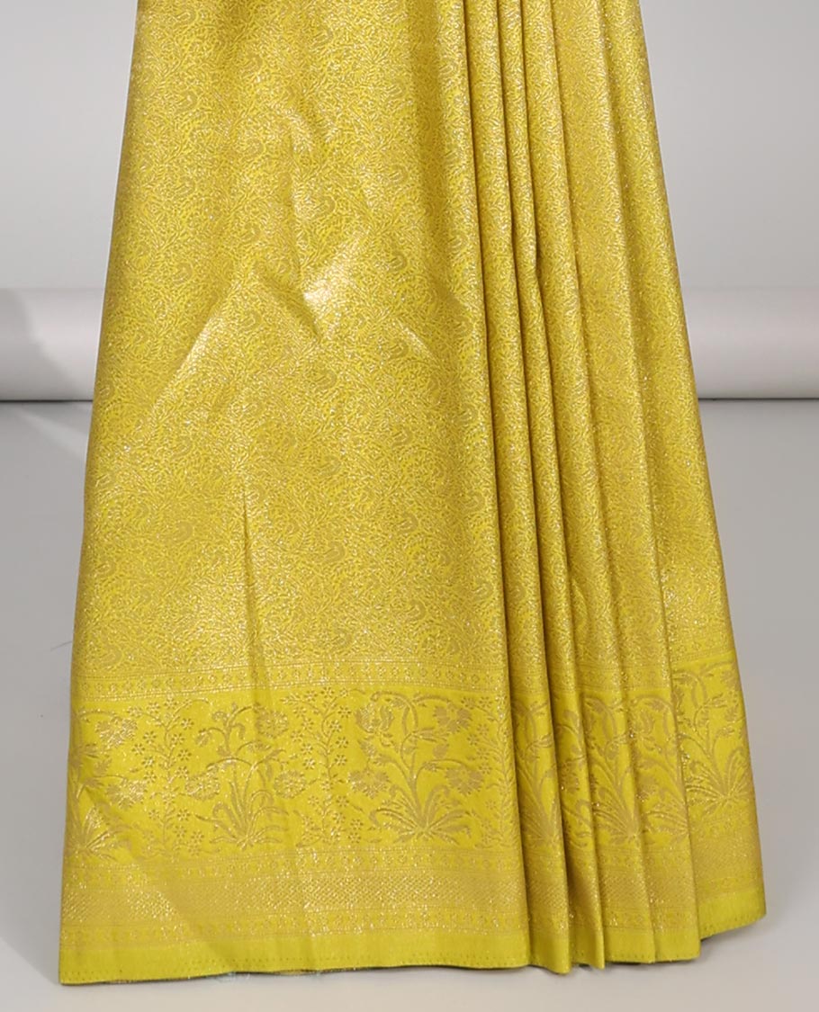 Yellow floral jacquard softy saree with self floral zari design border & intricate zari design pallu