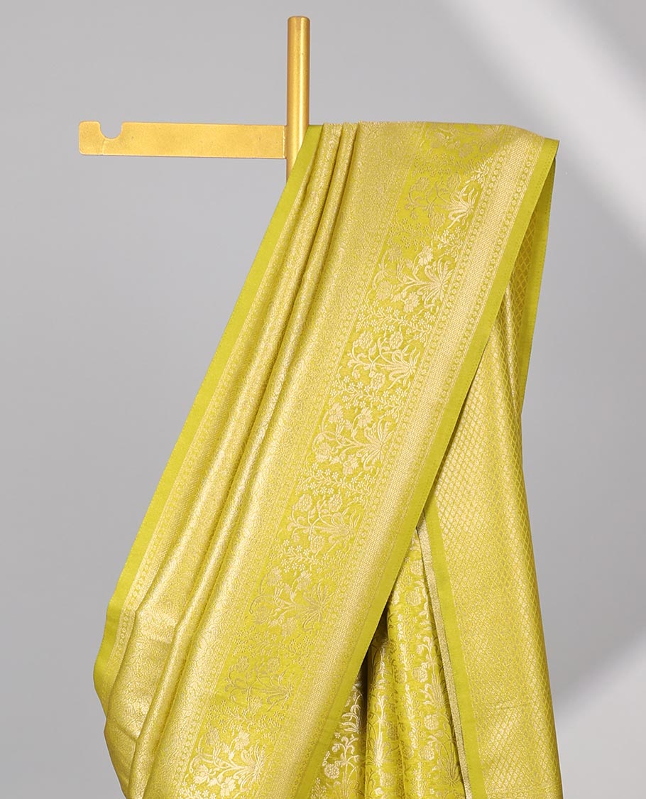 Yellow floral jacquard softy saree with self floral zari design border & intricate zari design pallu