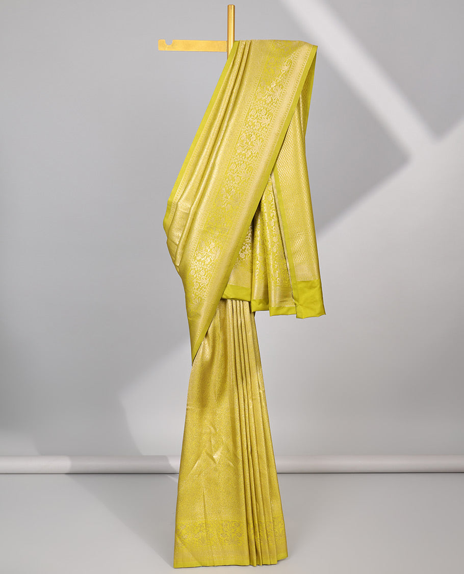 Yellow floral jacquard softy saree with self floral zari design border & intricate zari design pallu