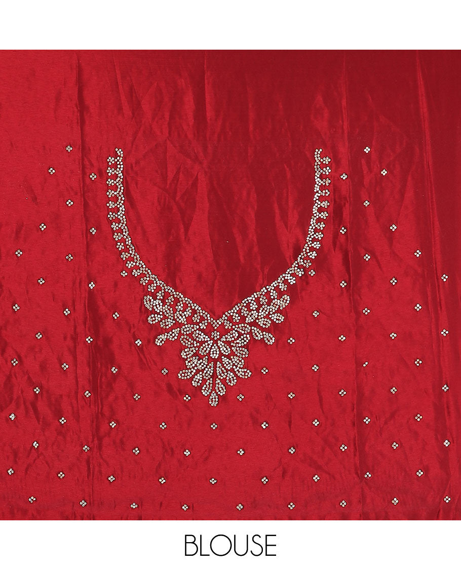 Red micro stone work designer saree, scallop floral theme stone work border