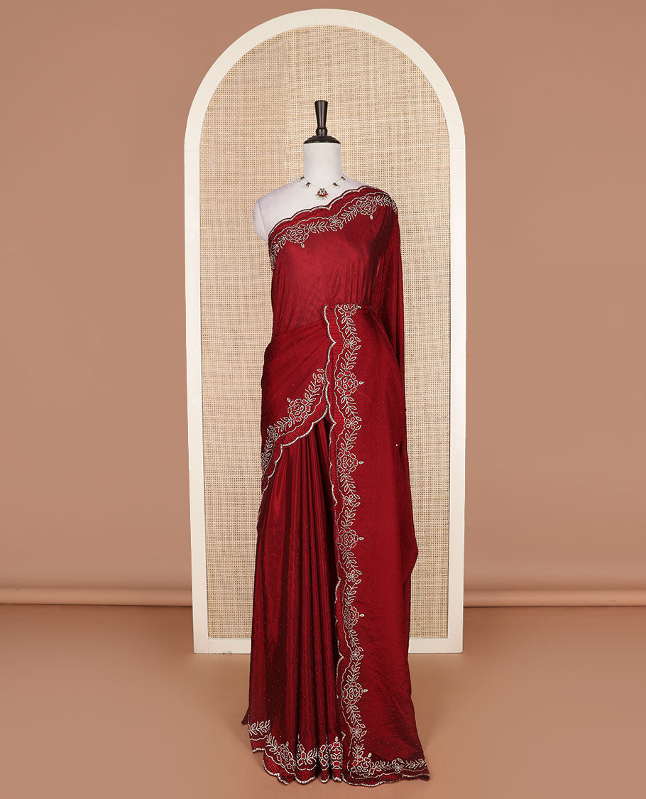 Red micro stone work designer saree, scallop floral theme stone work border