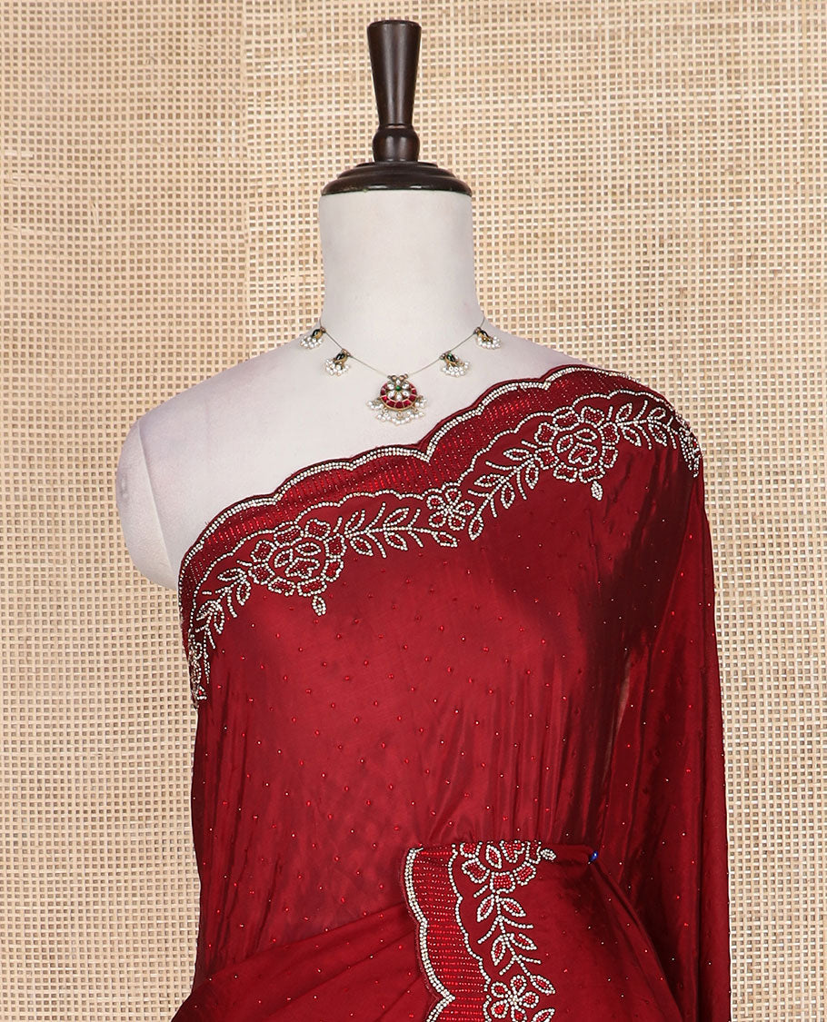 Red micro stone work designer saree, scallop floral theme stone work border