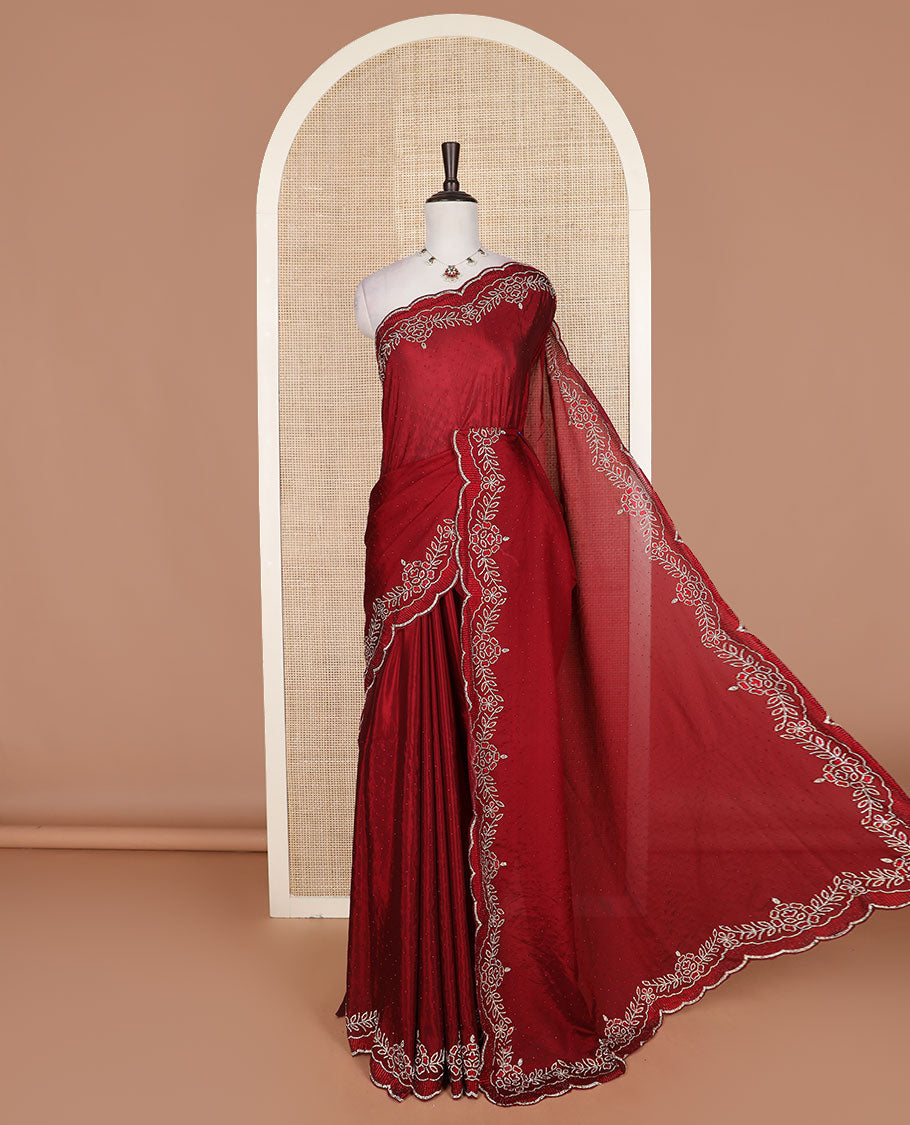 Red micro stone work designer saree, scallop floral theme stone work border