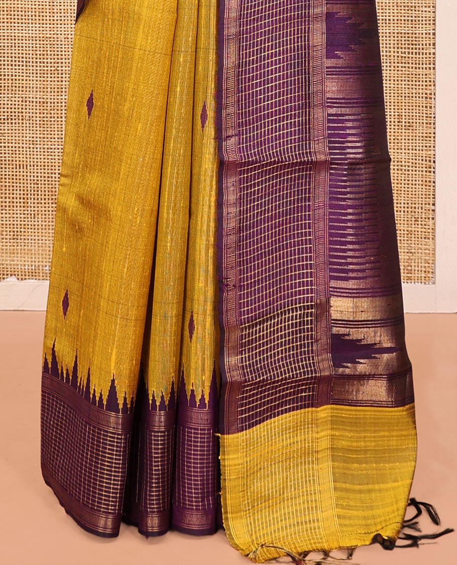 Yellow Dupion Silk Saree, Adorned with Buttas, Complemented by Contrast Temple-Checked Border, Temple Pallu, and a Contrast Blouse