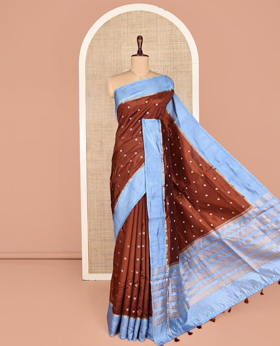 Brown Dupion Silk Saree, Delicately Woven with Buttas and Stripes, Complemented by a Contrast Traditional Zari Border, Zari Striped Pallu, and a Contrast Blouse