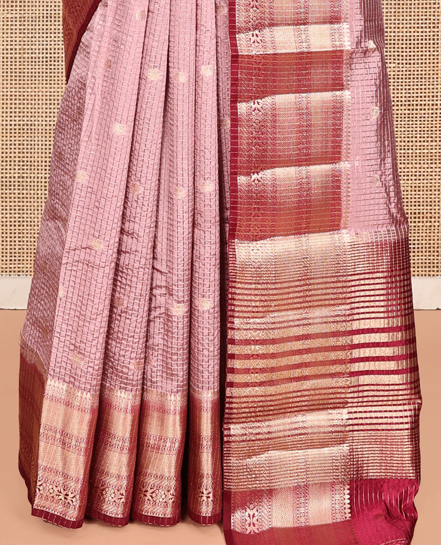 Pink Semi-Banarasi Dupion Saree, Embellished with Zari Buttas and Checks, a Contrast Traditional Zari Design Border, Striped Pallu, and a Contrast Blouse