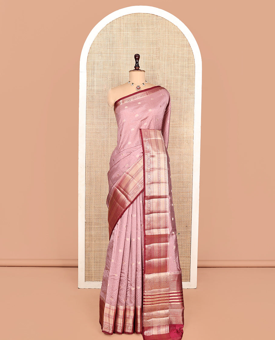 Pink Semi-Banarasi Dupion Saree, Embellished with Zari Buttas and Checks, a Contrast Traditional Zari Design Border, Striped Pallu, and a Contrast Blouse