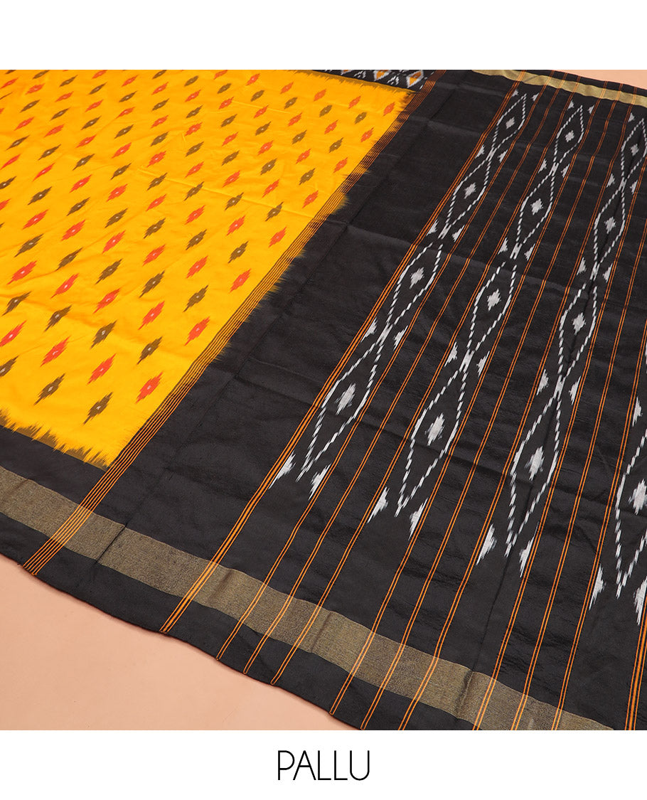 Yellow Ikkat Silk Saree Brightened with Ikkat Buttas, Complemented by a Contrast Ikkat Design Border, a Hazily Woven Pallu of Diamond Patterns, and a Contrast Blouse