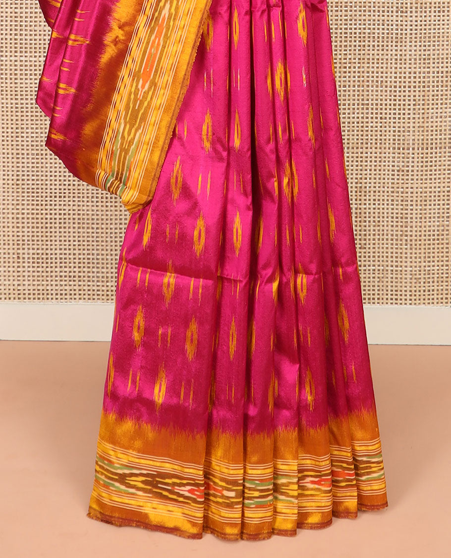 Pink Ikkat Silk Saree Elevated with Ikkat Buttas, Featuring a Contrast Ikkat Textured Border and a Pallu Mirroring Stripes and Ikkat-Texture