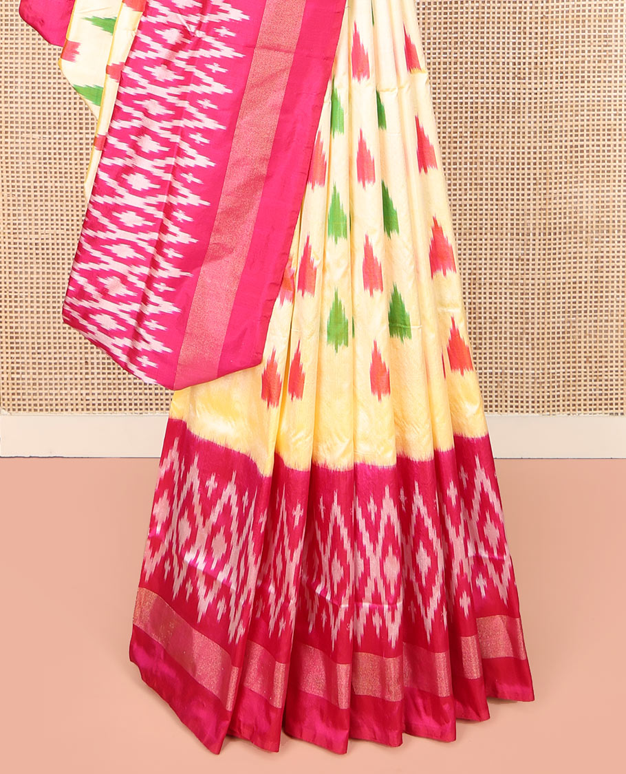 Sandal Ikkat Silk Saree, Beautifully Bedecked with Ikkat Temple Buttas All Over Its Body, Complemented by a Contrast Border of Jaal Designs, Pallu Steeped with Ikkat Buttas, and Paired with a Contrast Blouse