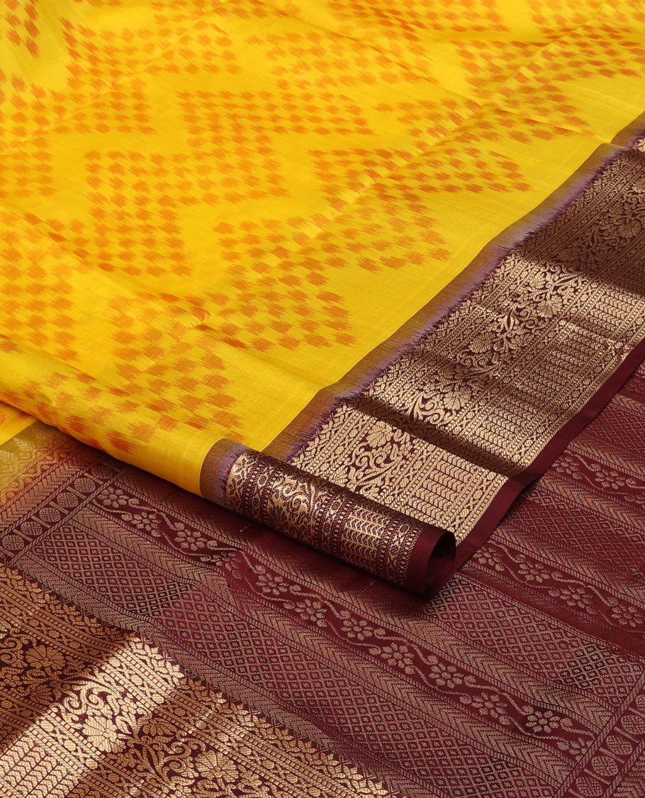 Orange chevron ikkat design pure ikkat saree, contrast traditional zari design border & pallu of intricate zari designs