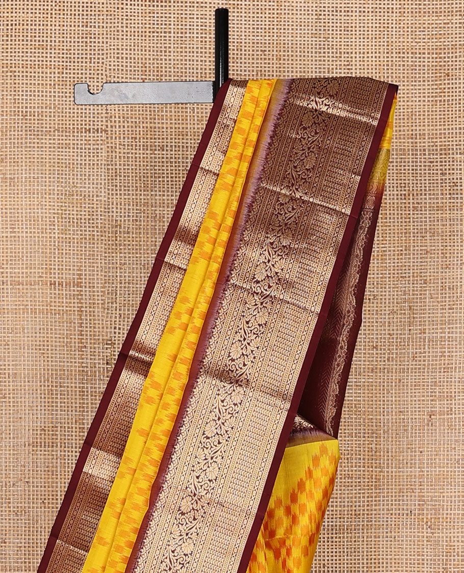Orange chevron ikkat design pure ikkat saree, contrast traditional zari design border & pallu of intricate zari designs