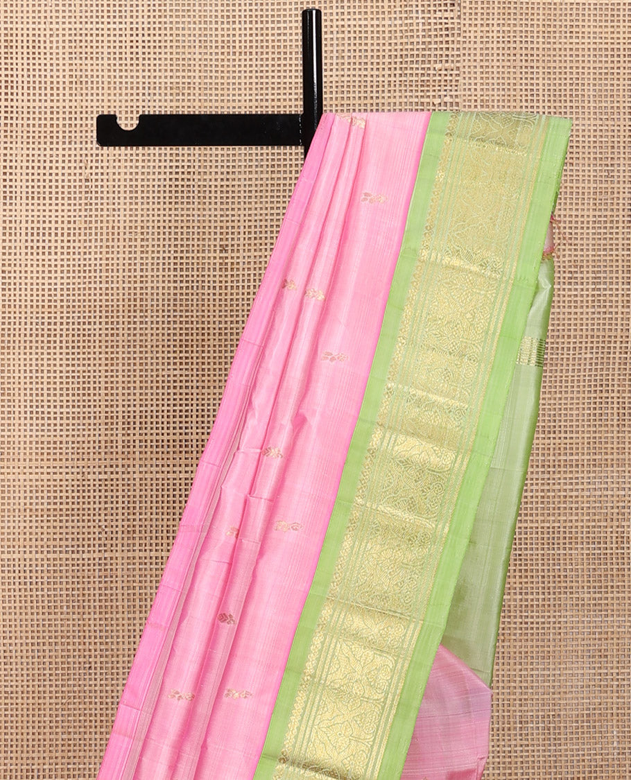 Pink Kanchipuram Silk Saree Features Zari Buttas, a Contrast One-Sided Zari Border, Zari-Woven Pallu, and No Blouse