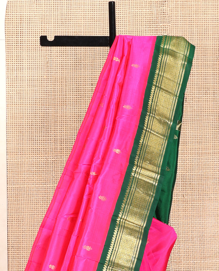 Pink Kanchipuram Silk Saree, Finely Crafted with Zari Buttas, Contrast Korvai Border of Thilakam Mokku, Banaras, and Jaal, Zari Design Pallu, and No Blouse