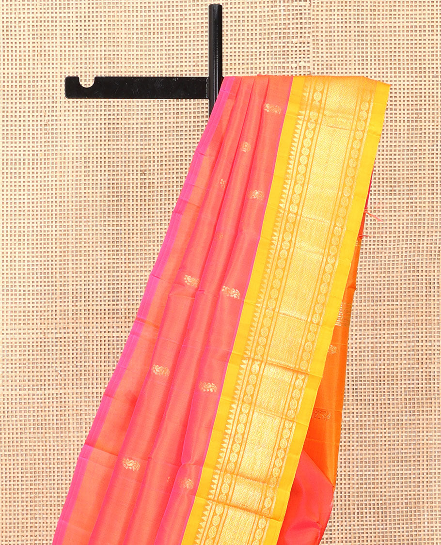 Pink Kanchipuram Silk Saree, Prettified with Zari Buttas, a Contrast One-Sided Border of Rekku, Banaras, Vanki, and Rudraksham Designs, a Zari Design Pallu, and No Blouse