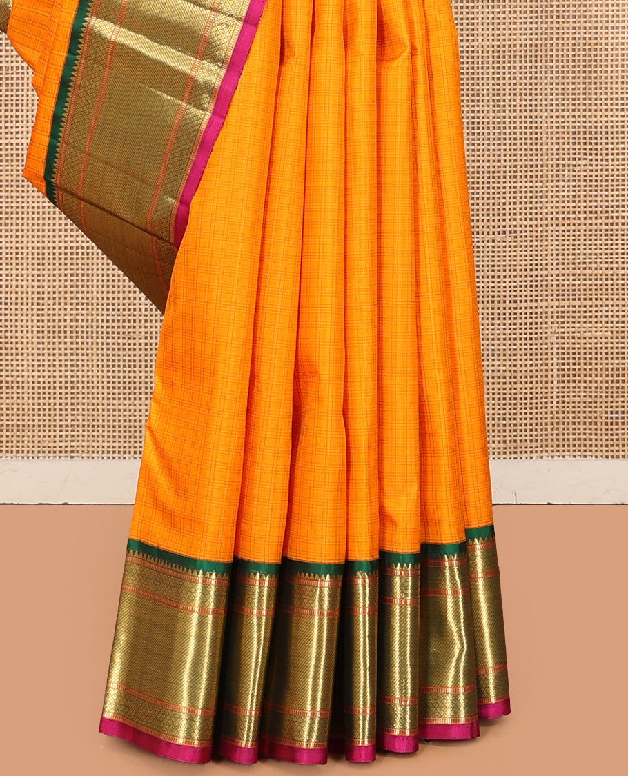 Orange Checked Kanchipuram Silk Saree, Complemented by a Contrast Korvai Border of Rekku, Muthu, Mayil Kann, and Zari Stripes, Grand Jaal Pallu, and a Contrast Blouse
