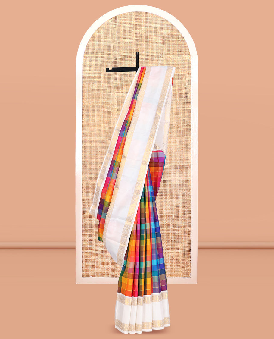 Multi-Color Palum Pazhamum Kattam Kanchipuram Silk Saree, Complemented by a Contrast Korvai Rettai Pettu Mayil Border, Checked Pallu, and Contrast Blouse
