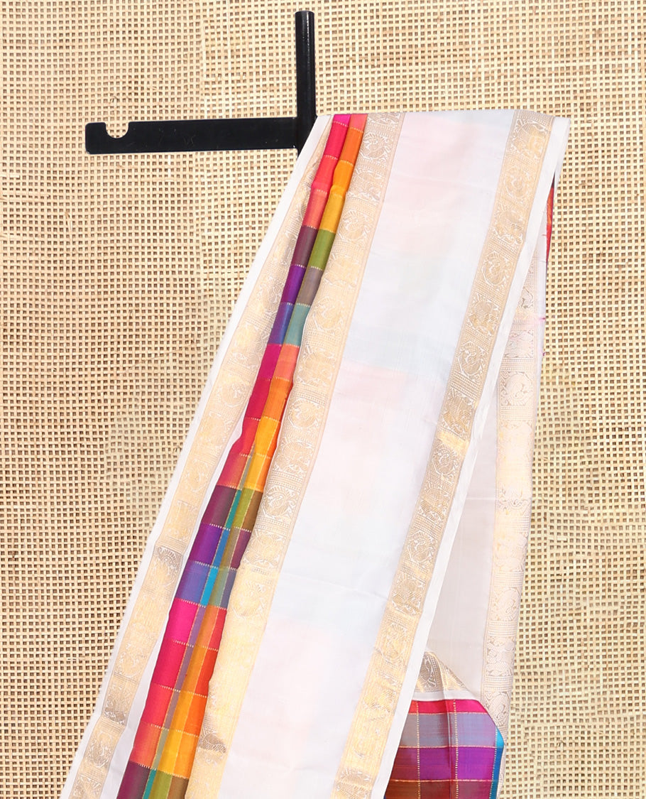 Multi-Color Palum Pazhamum Kattam Kanchipuram Silk Saree, Complemented by a Contrast Korvai Rettai Pettu Mayil Border, Checked Pallu, and Contrast Blouse