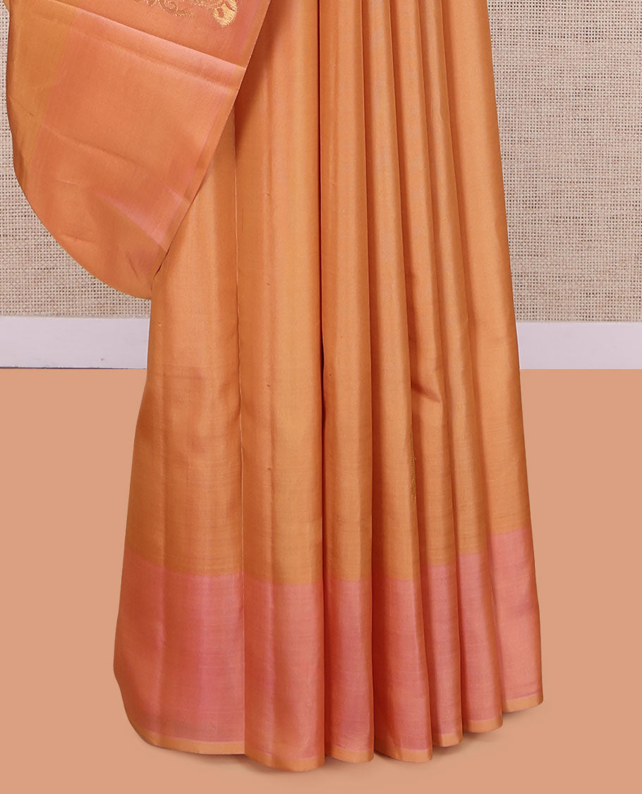 Orange Kanchipuram Silk Saree, Woven with Zari Buttas, Complemented by Semi Contrast Manga Motif Border, Pallu of Zari Design, and a Contrast Blouse