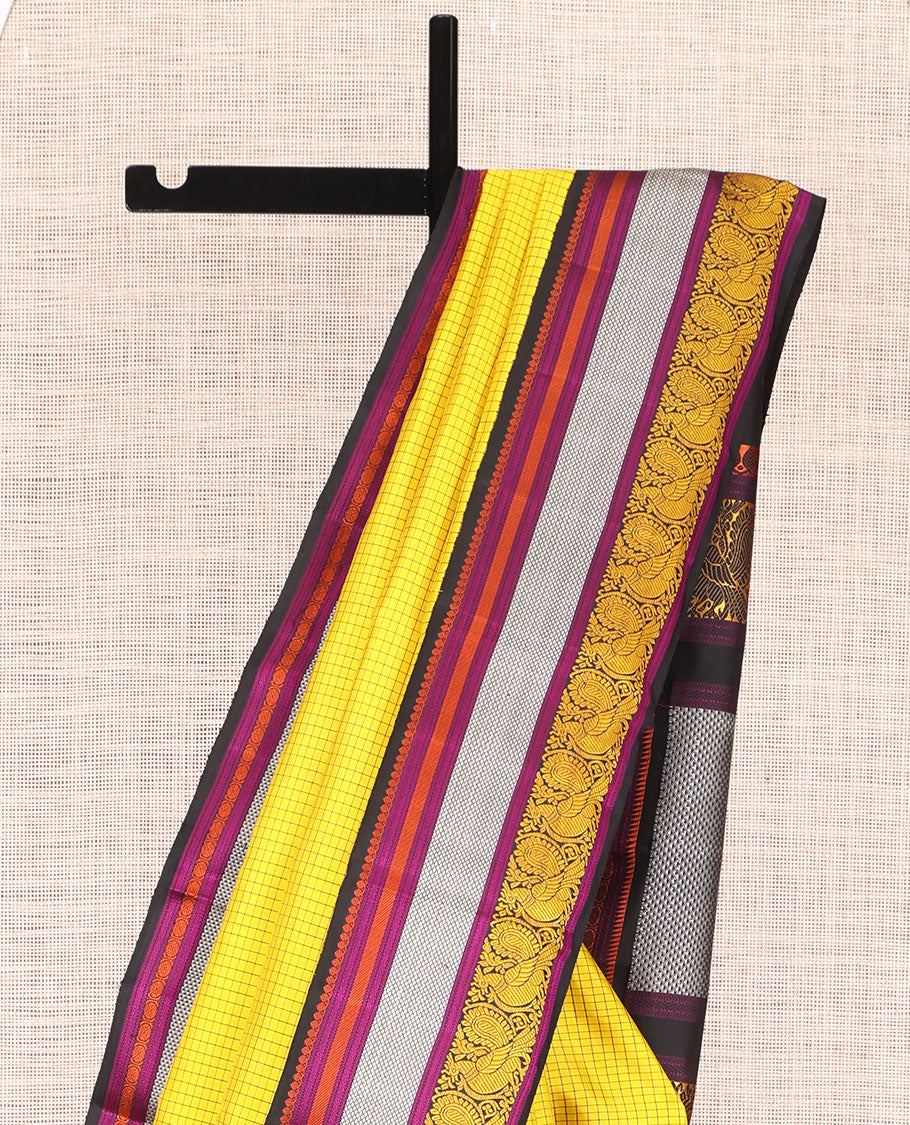 Yellow Kanchipuram Silk Saree, Woven with Checks, Complemented by Contrast Korvai Border of Thilakam Mokku, Rettai Neli, Kuyil Kann and Mayil Designs, Ara Maadam Pallu, and a Contrast Blouse