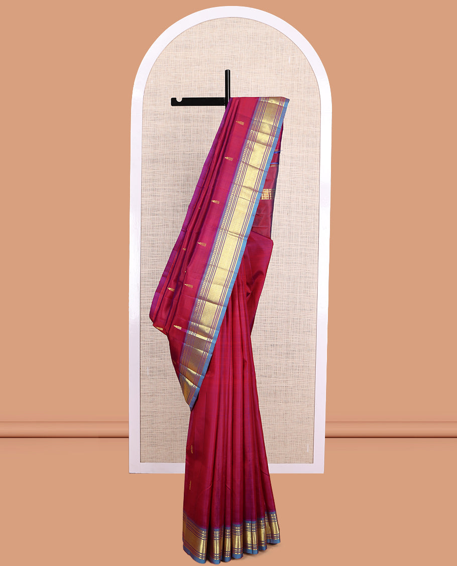 Maroon Kanchipuram Silk Saree, Elevated with Zari Buttas, a Contrast One-Sided Border of Paneer Sombu, Banaras, Muthu, and Mayil Kann Design, Zari Design Pallu, and No Blouse