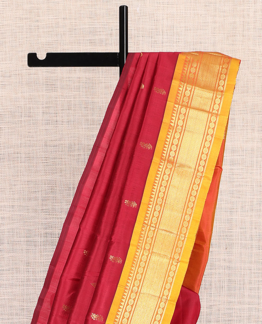 Red Kanchipuram Silk Saree, Woven with Zari Buttas, a Contrast One-Sided Border of Rekku, Banaras, and Vanki Designs, Zari Design Pallu, and No Blouse
