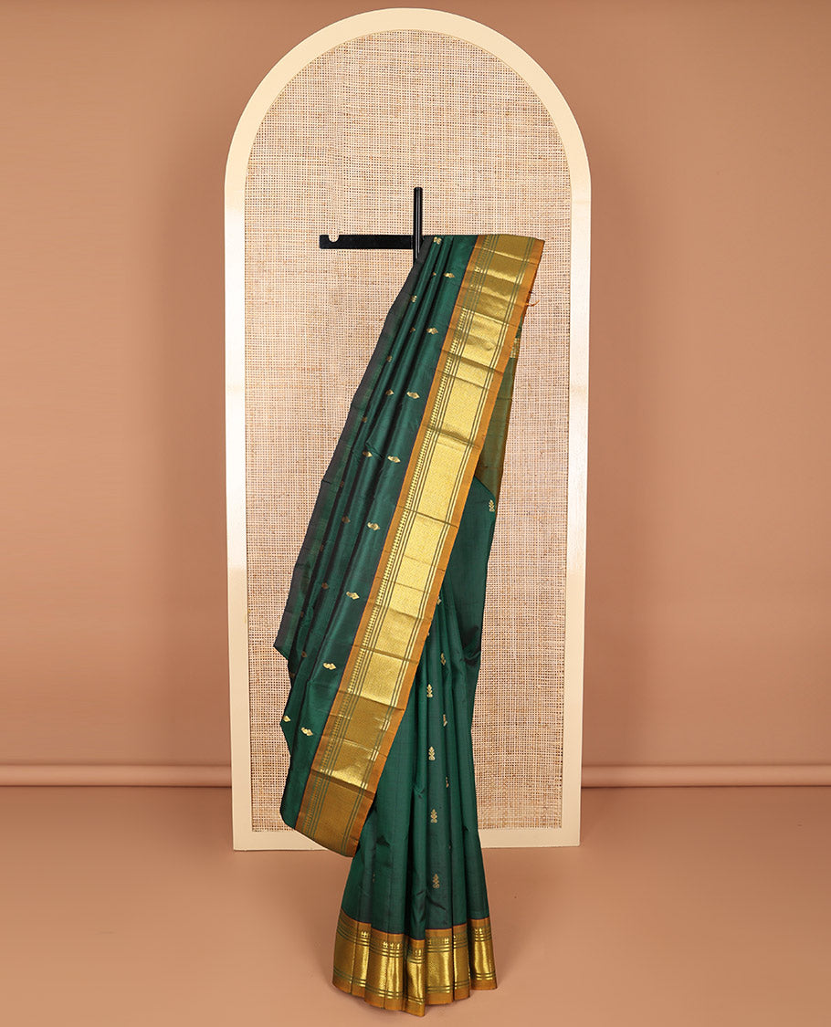 Bottle green buttas kancheepuram silk saree with contrast border of thilakam, mokku, banaras, kuyil kann design border & zari design pallu