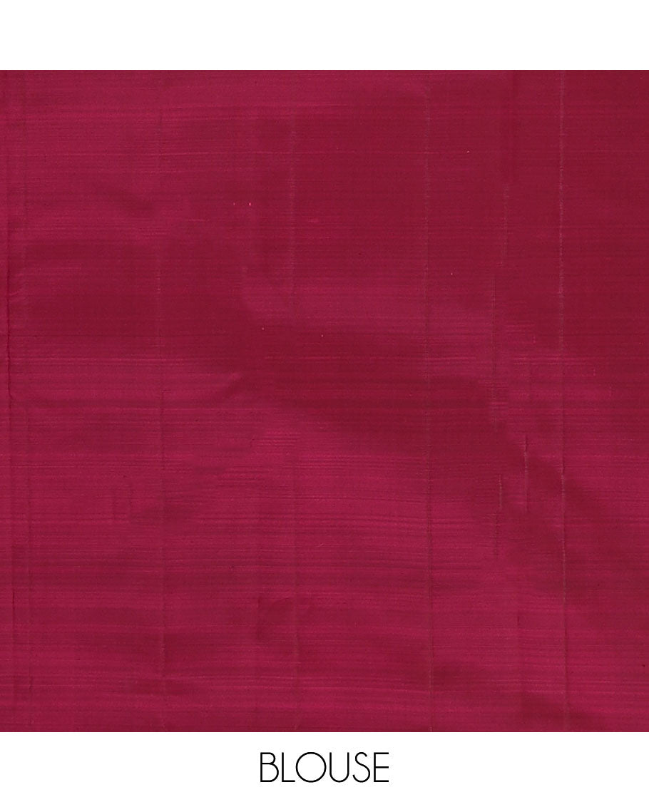 Pink zari woven Kanchipuram silk saree, contrast rettai mayil zari border, and jaal pallu