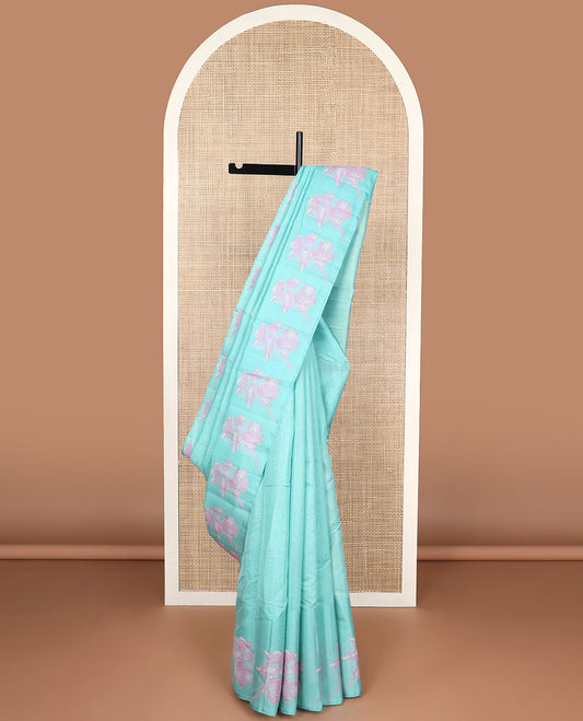 Blue kancheepuram silk saree with self floral design border & checked design pallu