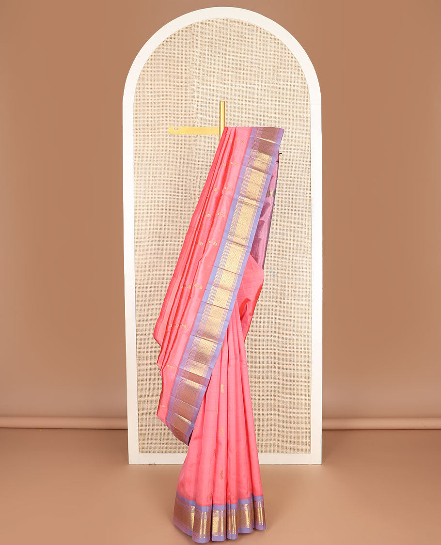 Pink zari buttas Kanchipuram silk saree, contrast one-sided border of paneer sombu,banaras,muthu & jaal & zari design pallu
