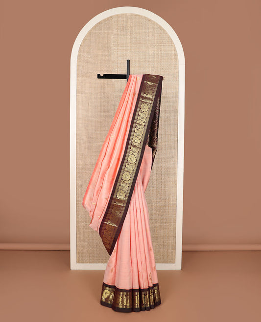 Peach zari buttas Kanchipuram silk saree, contrast korvai border of banaras, muthu, floral & manga design & floral design pallu