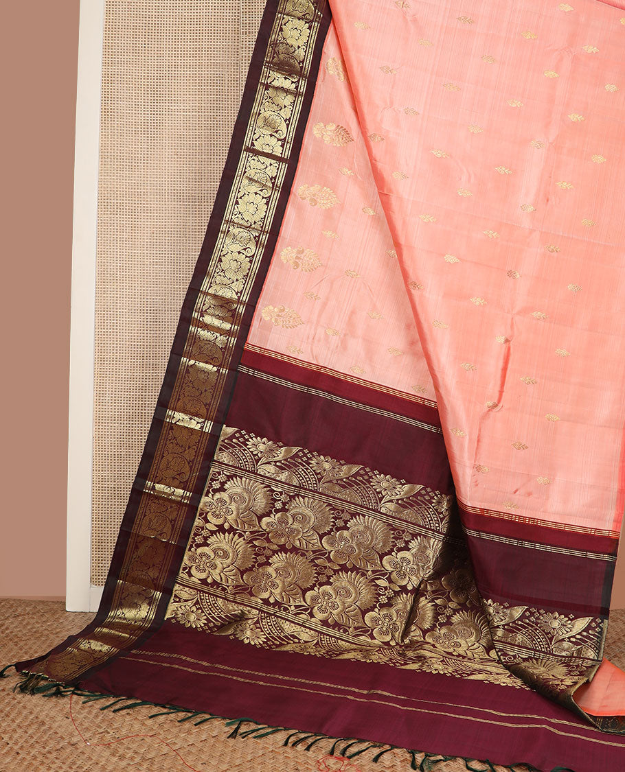 Peach zari buttas Kanchipuram silk saree, contrast korvai border of banaras, muthu, floral & manga design & floral design pallu