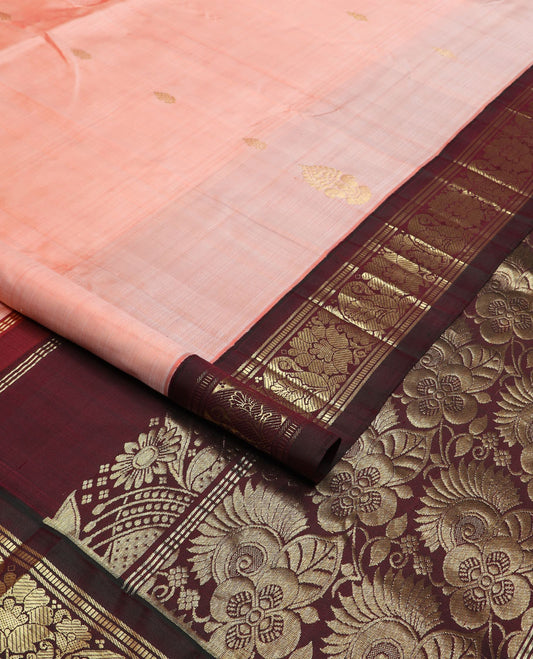 Peach zari buttas Kanchipuram silk saree, contrast korvai border of banaras, muthu, floral & manga design & floral design pallu