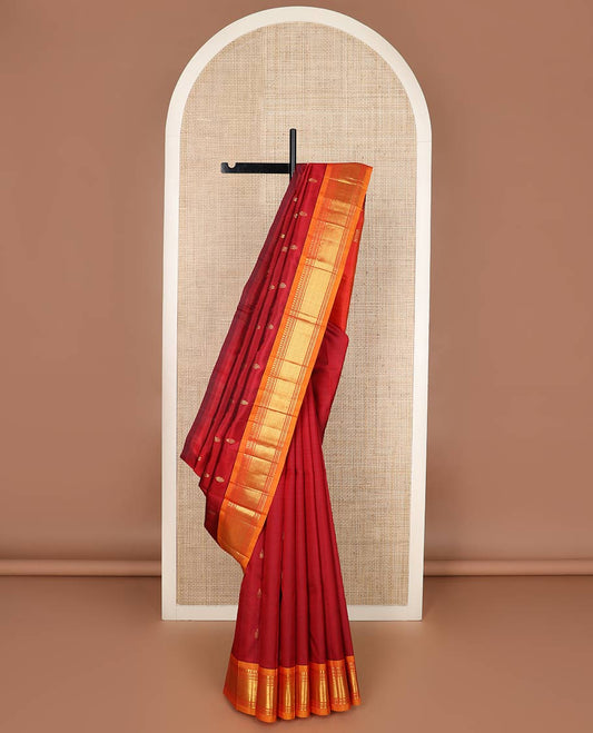 Red zari buttas silk saree, contrast one-sided border of panner sombu,bnaras,muthu & jaal & zari design pallu
