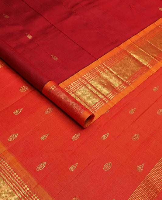 Red zari buttas silk saree, contrast one-sided border of panner sombu,bnaras,muthu & jaal & zari design pallu