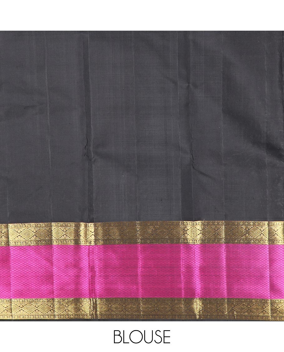 Green zari buttas Kanchipuram silk saree, contrast border of diamond, and mayil kann designs, and intricate pallu