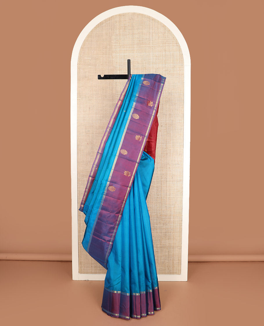 Blue zari buttas Kanchipuram silk saree, contrast zari motifs woven border, and zari design pallu