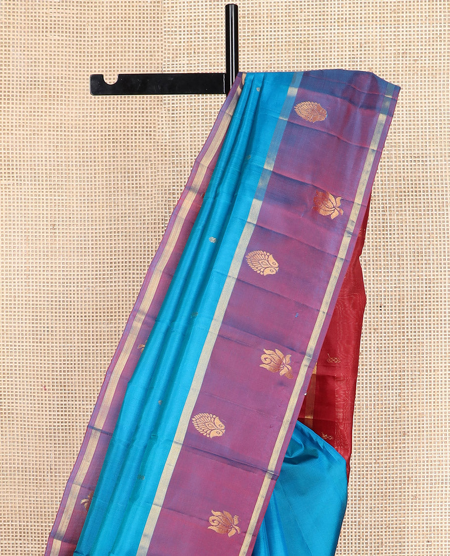 Blue zari buttas Kanchipuram silk saree, contrast zari motifs woven border, and zari design pallu