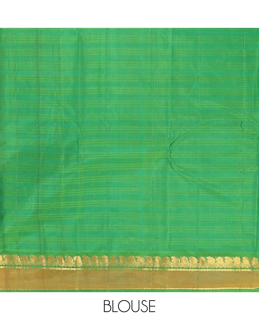 Blue checked Kanchipuram silk saree, contrast rettai pettu border of manga, neli, and diamond designs, and striped pallu