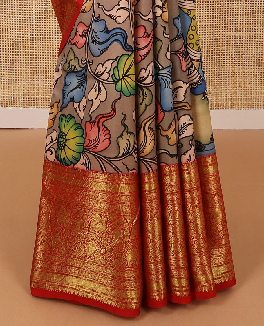Blue human, animal design kalamkari silk saree with contrast intricate zari design border & floral jaal design pallu