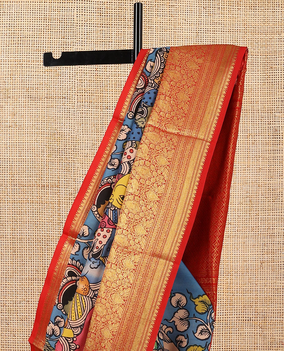 Blue human, animal design kalamkari silk saree with contrast intricate zari design border & floral jaal design pallu