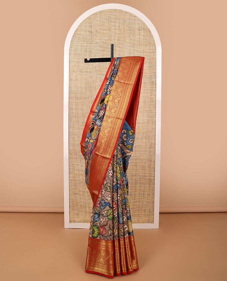 Blue human, animal design kalamkari silk saree with contrast intricate zari design border & floral jaal design pallu
