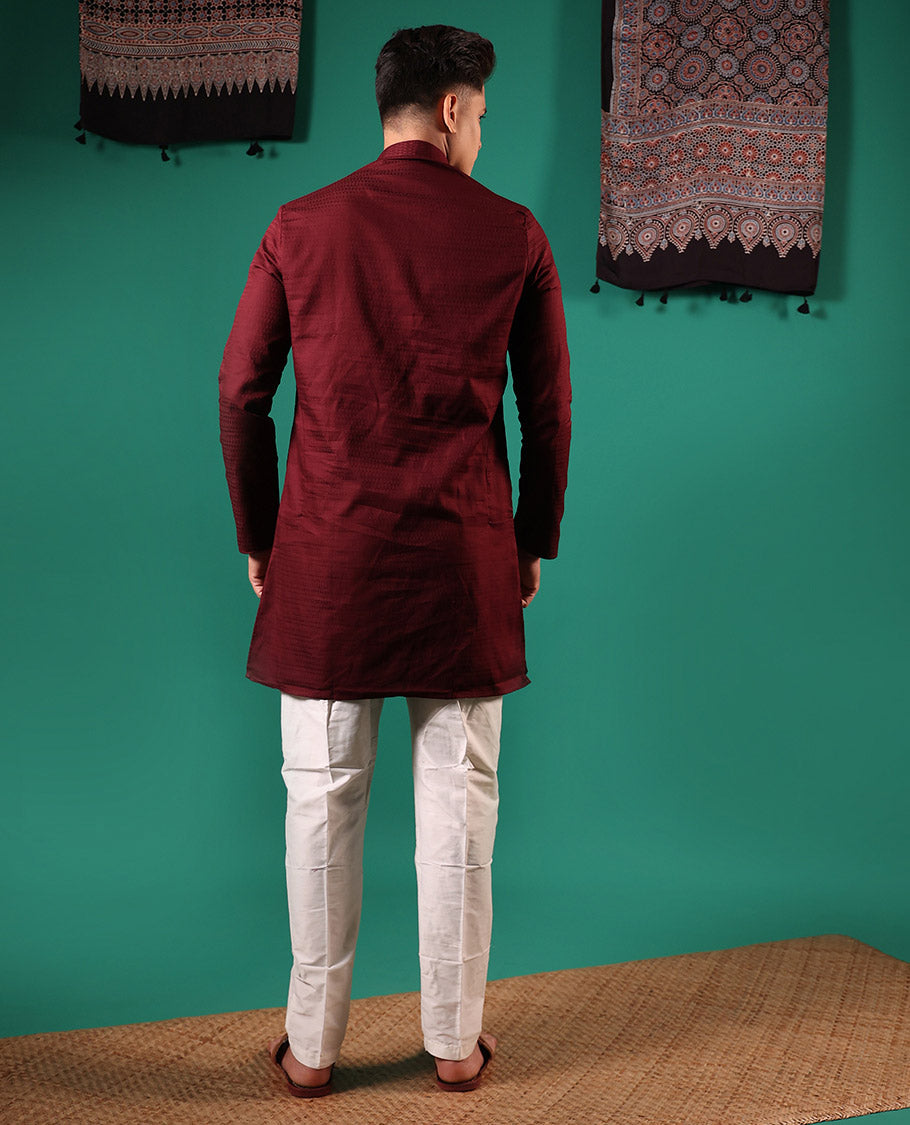 Maroon embossed full-sleeved men's kurta