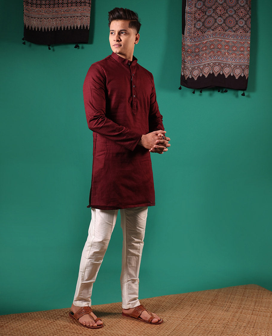 Maroon embossed full-sleeved men's kurta