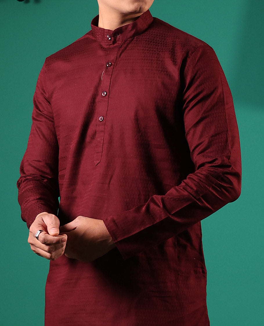 Maroon embossed full-sleeved men's kurta
