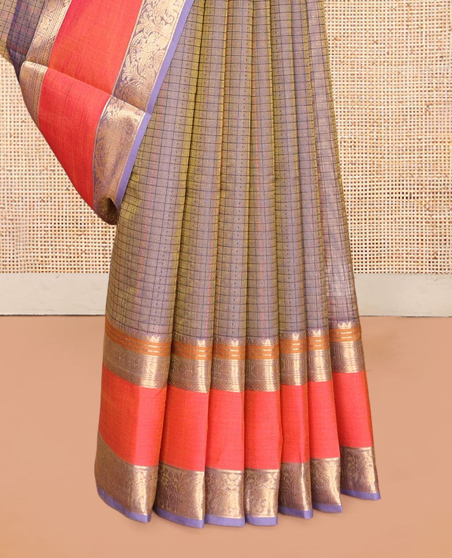 Lavender Buttas-Checks Kuppadam Silk Saree, a Contrast Double-Pet Border, Grand Pallu, Matching Blouse