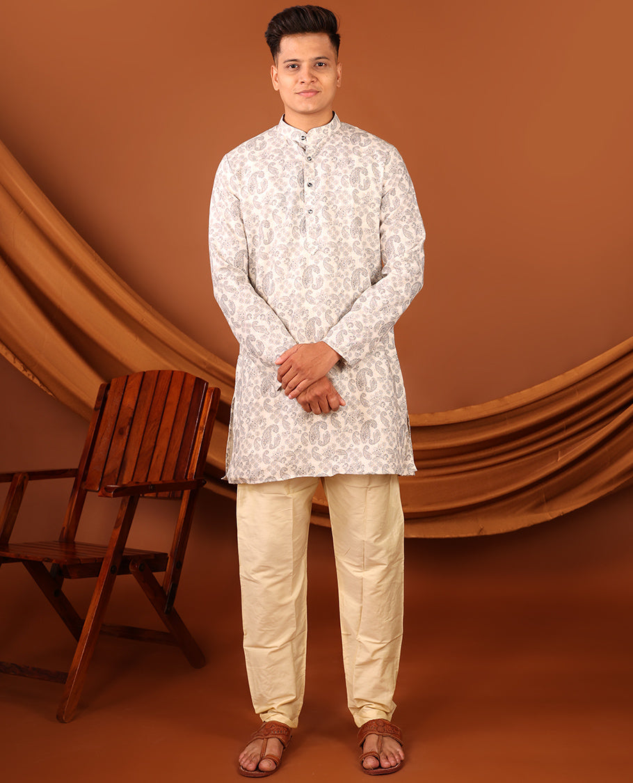 Off-White Paisley Motifs Printed Full-Sleeved Men's Kurta