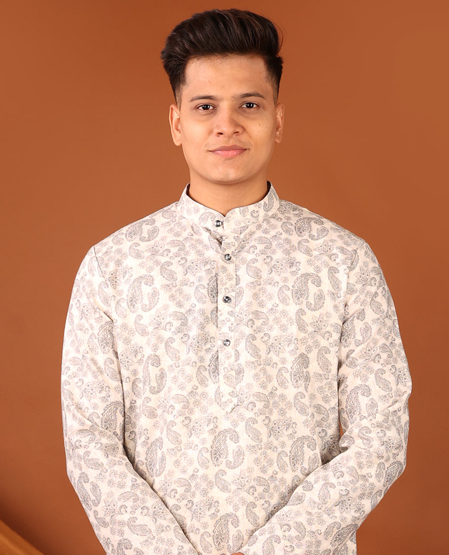 Off-White Paisley Motifs Printed Full-Sleeved Men's Kurta