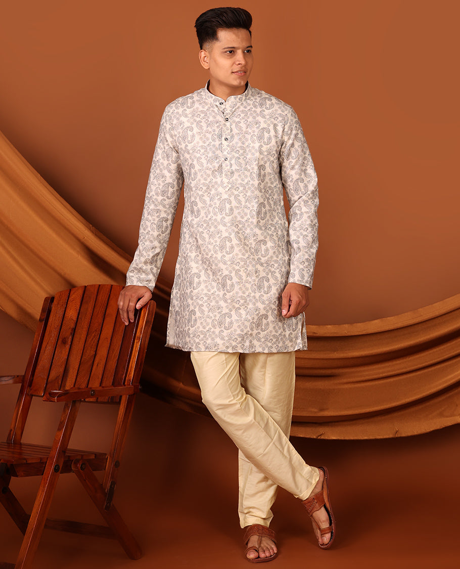 Off-White Paisley Motifs Printed Full-Sleeved Men's Kurta